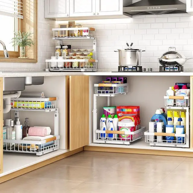 Alt view image 7 of 7 - Under Sink Organizer, Adjustable Height, 2 Tier Pull Out Under Cabinet Organizer, Slide Out Thickened Metal Under Sink Storage for Kitchen Bathroom Laundry Pantry Cabinet, White, Large-2-Pack