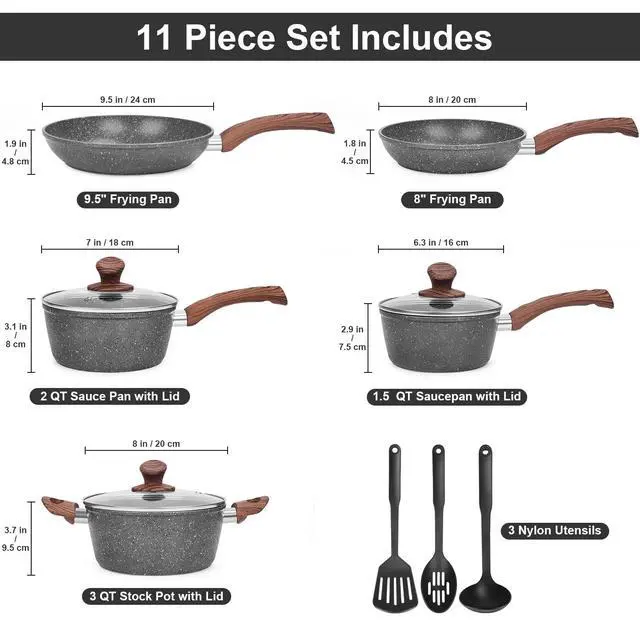Alt view image 2 of 7 - Granite Pots and Pans Set Non Stick, 11 Piece Die-Cast Induction Cookware Set, Nonstick Kitchen Cooking Set w/Frying Pans & Saucepans, PFOA Free