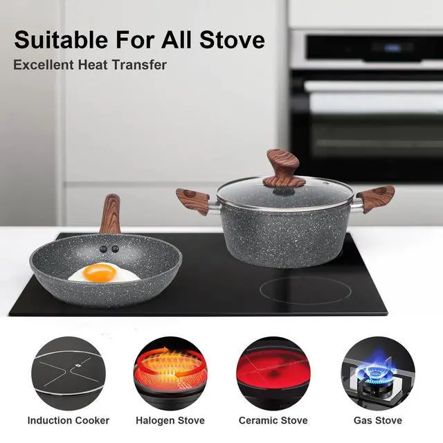 Alt view image 5 of 7 - Granite Pots and Pans Set Non Stick, 11 Piece Die-Cast Induction Cookware Set, Nonstick Kitchen Cooking Set w/Frying Pans & Saucepans, PFOA Free