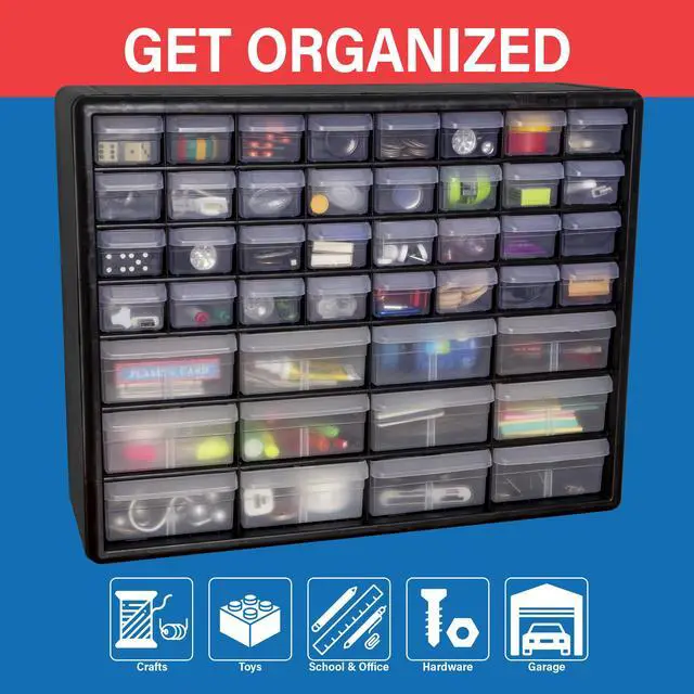 Alt view image 3 of 7 - 44-Drawer Plastic Drawer Storage Cabinet for Garage Organization, Bead Organizer, Building Bricks Storage, Teacher Toolbox, Makeup Organizer, 20" W x 6" D x 16" H, 10144 Black