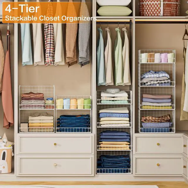 Alt view image 6 of 7 - 4 Tier Stackable Closet Organizers and Storage Shelves, Foldable Closet Shelf Organizer System, Stackable Storage Bins Drawers for Clothes Organizer System, WhitePatent No. 30022416
