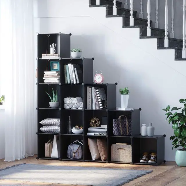 Alt view image 2 of 7 - Cube Storage Organizer, 16-Cube Shelves Units, Plastic Storage Cubes, DIY Closet Organizer, Modular Closet Storage Shelves Ideal for Home, Bedroom, 48.4" L × 12.4" W × 48.4" H Black SUM3016H