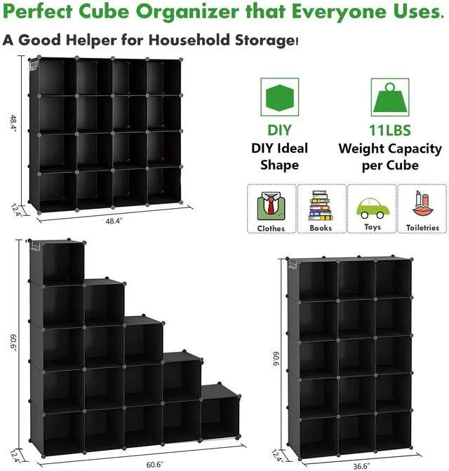 Alt view image 5 of 7 - Cube Storage Organizer, 16-Cube Shelves Units, Plastic Storage Cubes, DIY Closet Organizer, Modular Closet Storage Shelves Ideal for Home, Bedroom, 48.4" L × 12.4" W × 48.4" H Black SUM3016H