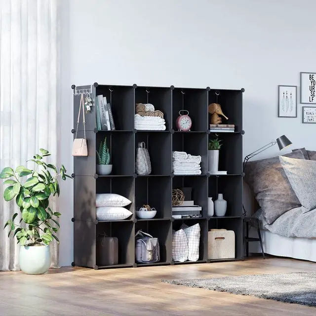 Alt view image 3 of 7 - Cube Storage Organizer, 16-Cube Shelves Units, Plastic Storage Cubes, DIY Closet Organizer, Modular Closet Storage Shelves Ideal for Home, Bedroom, 48.4" L × 12.4" W × 48.4" H Black SUM3016H