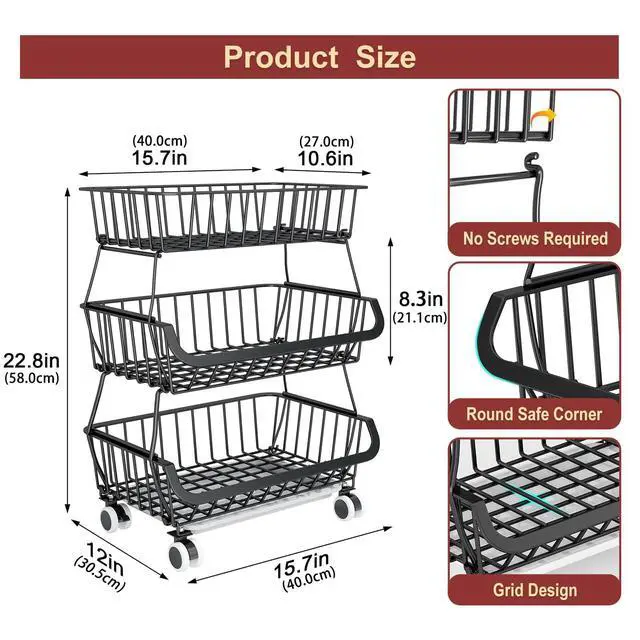 Alt view image 2 of 7 - 3-Tier Rolling Pantry Cart with Wheels, Stackable Wire Storage Floor Organizer for Kitchen Pantry Snack Shelves, Fruit Basket Stand, Vegetable Storage Rack for Food Snacks Onion Potato
