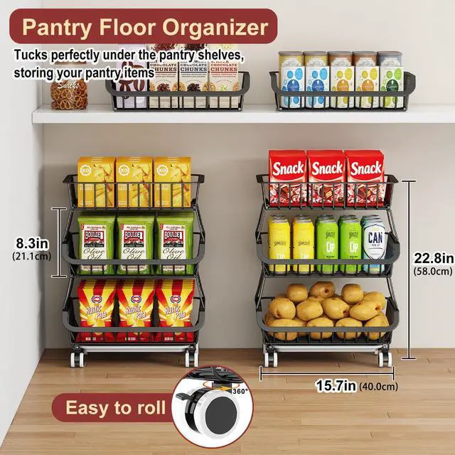 Alt view image 3 of 7 - 3-Tier Rolling Pantry Cart with Wheels, Stackable Wire Storage Floor Organizer for Kitchen Pantry Snack Shelves, Fruit Basket Stand, Vegetable Storage Rack for Food Snacks Onion Potato