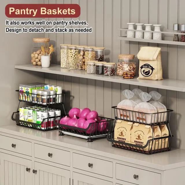 Alt view image 4 of 7 - 3-Tier Rolling Pantry Cart with Wheels, Stackable Wire Storage Floor Organizer for Kitchen Pantry Snack Shelves, Fruit Basket Stand, Vegetable Storage Rack for Food Snacks Onion Potato