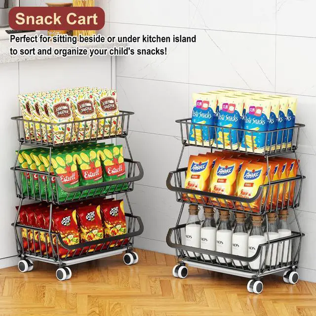 Alt view image 5 of 7 - 3-Tier Rolling Pantry Cart with Wheels, Stackable Wire Storage Floor Organizer for Kitchen Pantry Snack Shelves, Fruit Basket Stand, Vegetable Storage Rack for Food Snacks Onion Potato