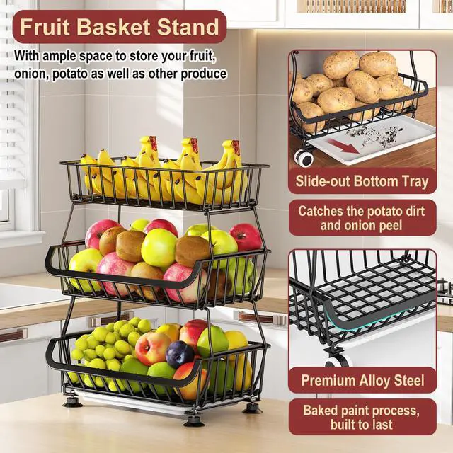 Alt view image 6 of 7 - 3-Tier Rolling Pantry Cart with Wheels, Stackable Wire Storage Floor Organizer for Kitchen Pantry Snack Shelves, Fruit Basket Stand, Vegetable Storage Rack for Food Snacks Onion Potato