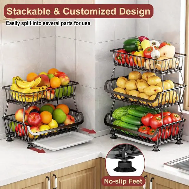 Alt view image 7 of 7 - 3-Tier Rolling Pantry Cart with Wheels, Stackable Wire Storage Floor Organizer for Kitchen Pantry Snack Shelves, Fruit Basket Stand, Vegetable Storage Rack for Food Snacks Onion Potato
