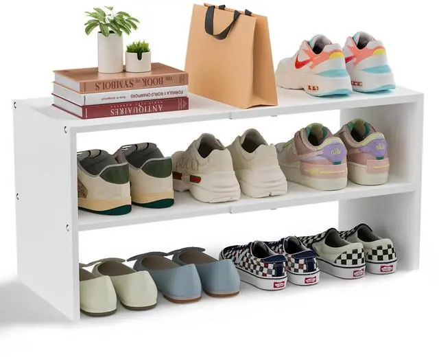 Main image of White Shoe Rack Organizer for Closet, 2-Tier Expandable Shoe Shelf, Stackable Iron Wood Combination Small Shoe Racks Shelves for Closets, Entryway,Small Space,Hallway,Bedroom,Bathroom,6-12 Pairs
