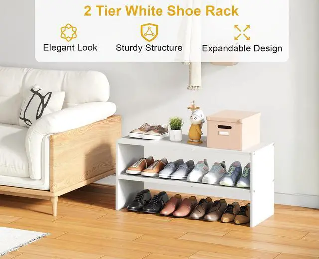 Alt view image 2 of 7 - White Shoe Rack Organizer for Closet, 2-Tier Expandable Shoe Shelf, Stackable Iron Wood Combination Small Shoe Racks Shelves for Closets, Entryway,Small Space,Hallway,Bedroom,Bathroom,6-12 Pairs