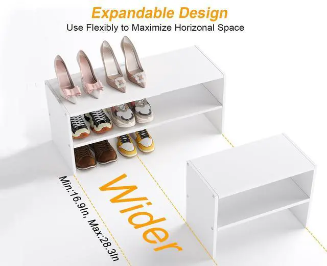 Alt view image 3 of 7 - White Shoe Rack Organizer for Closet, 2-Tier Expandable Shoe Shelf, Stackable Iron Wood Combination Small Shoe Racks Shelves for Closets, Entryway,Small Space,Hallway,Bedroom,Bathroom,6-12 Pairs