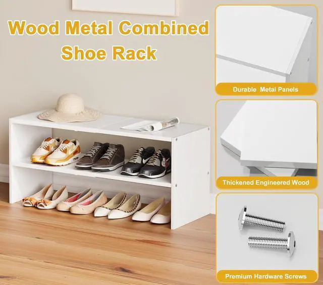 Alt view image 4 of 7 - White Shoe Rack Organizer for Closet, 2-Tier Expandable Shoe Shelf, Stackable Iron Wood Combination Small Shoe Racks Shelves for Closets, Entryway,Small Space,Hallway,Bedroom,Bathroom,6-12 Pairs