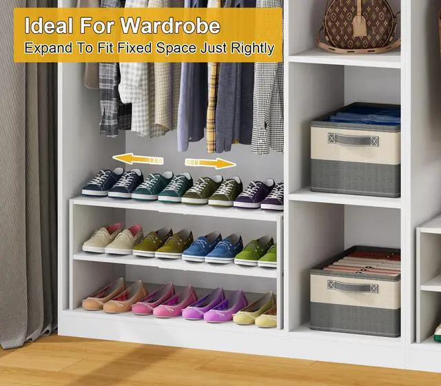 Alt view image 5 of 7 - White Shoe Rack Organizer for Closet, 2-Tier Expandable Shoe Shelf, Stackable Iron Wood Combination Small Shoe Racks Shelves for Closets, Entryway,Small Space,Hallway,Bedroom,Bathroom,6-12 Pairs