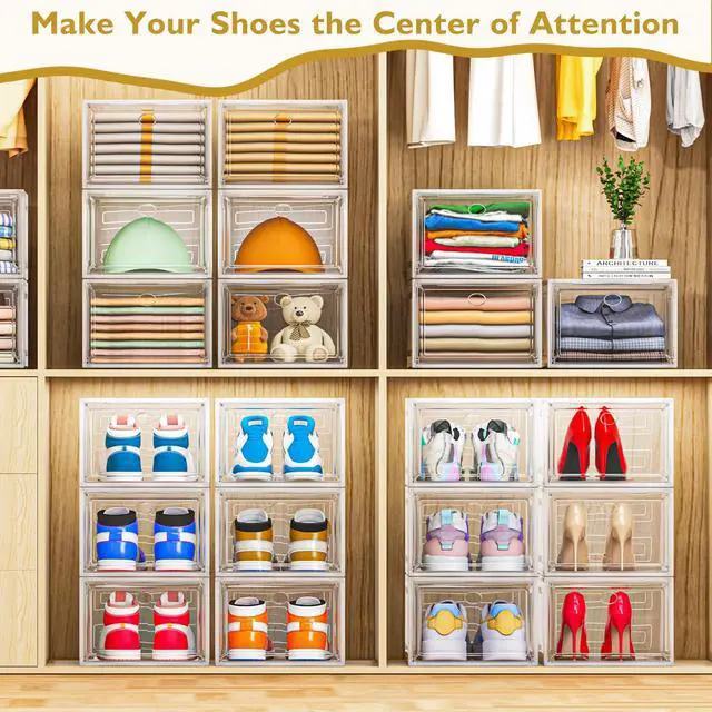 Alt view image 7 of 7 - Large Clear Shoe Boxes OrganizerThicker Material Stronger Shoe Box with Magnetic Door, Stackable Shoe Storage Box for Closet, Foldable Space-Saving Storage Bins Shoe Cabinet, White 9 Pack
