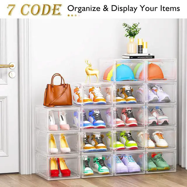 Alt view image 4 of 7 - Large Clear Shoe Boxes OrganizerThicker Material Stronger Shoe Box with Magnetic Door, Stackable Shoe Storage Box for Closet, Foldable Space-Saving Storage Bins Shoe Cabinet, White 9 Pack