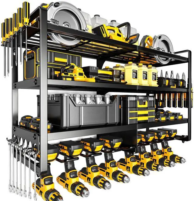 Main image of Large Power Tool Organizer Wall Mount,4 Layers Heavy Duty Metal Loads 400lbs,Power Tool Shelf Battery Storage with 8 Cordless Drill Holder,Utility Racks for Garage Workshop