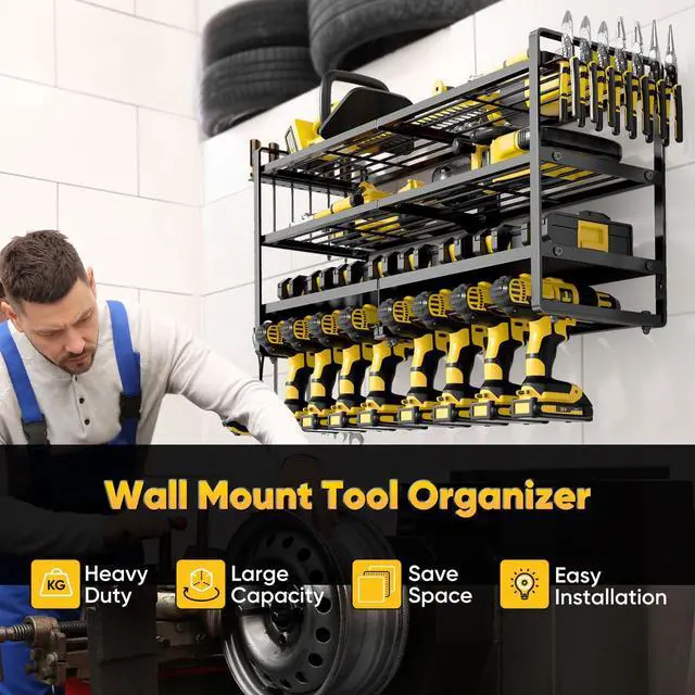 Alt view image 2 of 6 - Large Power Tool Organizer Wall Mount,4 Layers Heavy Duty Metal Loads 400lbs,Power Tool Shelf Battery Storage with 8 Cordless Drill Holder,Utility Racks for Garage Workshop