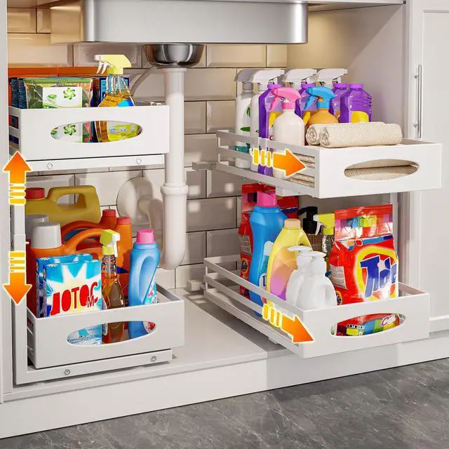 Main image of Under Sink Organizer, 2 Tier Under Sink Organizers and Storage, Adjustable Height, Slide out Metal Cabinet Organizers, Pull out Cabinet Storage Drawer Shelf for Kitchen Bathroom (White, 2 Pack)
