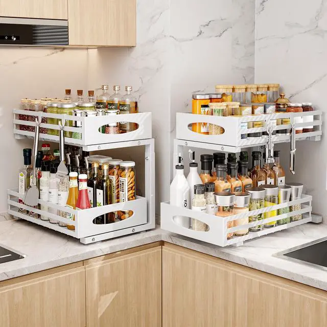 Alt view image 2 of 7 - Under Sink Organizer, 2 Tier Under Sink Organizers and Storage, Adjustable Height, Slide out Metal Cabinet Organizers, Pull out Cabinet Storage Drawer Shelf for Kitchen Bathroom (White, 2 Pack)