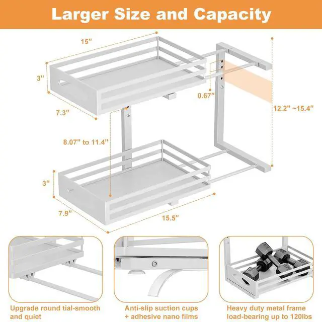 Alt view image 4 of 7 - Under Sink Organizer, 2 Tier Under Sink Organizers and Storage, Adjustable Height, Slide out Metal Cabinet Organizers, Pull out Cabinet Storage Drawer Shelf for Kitchen Bathroom (White, 2 Pack)