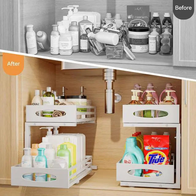 Alt view image 3 of 7 - Under Sink Organizer, 2 Tier Under Sink Organizers and Storage, Adjustable Height, Slide out Metal Cabinet Organizers, Pull out Cabinet Storage Drawer Shelf for Kitchen Bathroom (White, 2 Pack)