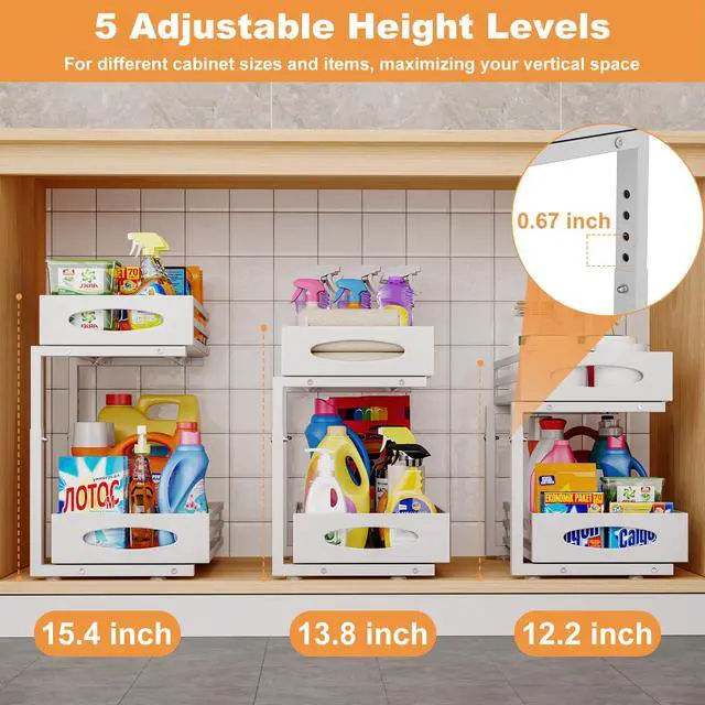 Alt view image 6 of 7 - Under Sink Organizer, 2 Tier Under Sink Organizers and Storage, Adjustable Height, Slide out Metal Cabinet Organizers, Pull out Cabinet Storage Drawer Shelf for Kitchen Bathroom (White, 2 Pack)