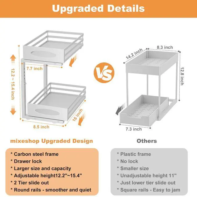 Alt view image 5 of 7 - Under Sink Organizer, 2 Tier Under Sink Organizers and Storage, Adjustable Height, Slide out Metal Cabinet Organizers, Pull out Cabinet Storage Drawer Shelf for Kitchen Bathroom (White, 2 Pack)