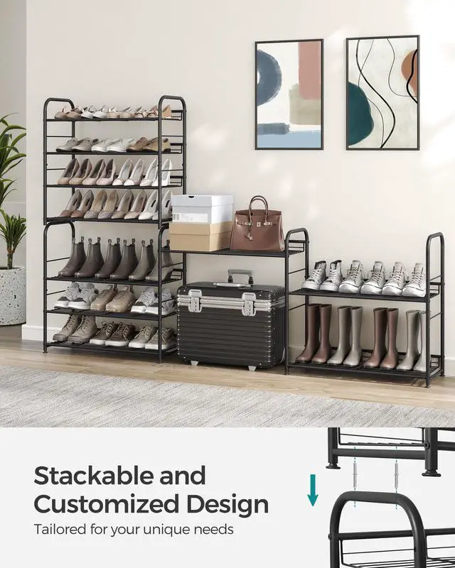 Alt view image 2 of 7 - Stackable Shoe Rack, 4 Tier Metal Shoes Rack Storage Shelf, Holds up to 16 Pairs Shoes, Adjustable Slanted Shelves Shoe Tower Organizer for Closet Entryway Small Spaces, Black