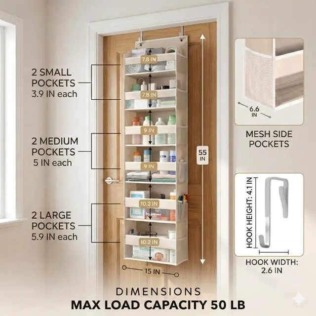 Alt view image 2 of 7 - UPGRADED 6 Tiers Over The Door Organizer Hanging - 100D EXTRA THICK & 50lbs HUGE CAPACITY, 12 Side Mesh Pockets Over The Door Shoe Organizer, Hanging Closet Organizer (Ivory, 2pc)