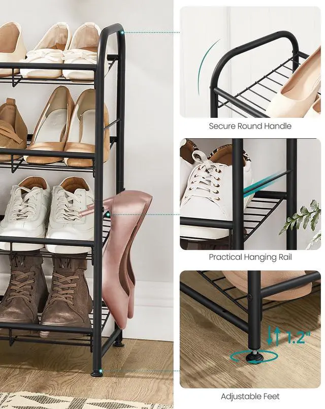 Alt view image 6 of 7 - Stackable Shoe Rack, 4 Tier Metal Shoes Rack Storage Shelf, Holds up to 16 Pairs Shoes, Adjustable Slanted Shelves Shoe Tower Organizer for Closet Entryway Small Spaces, Black