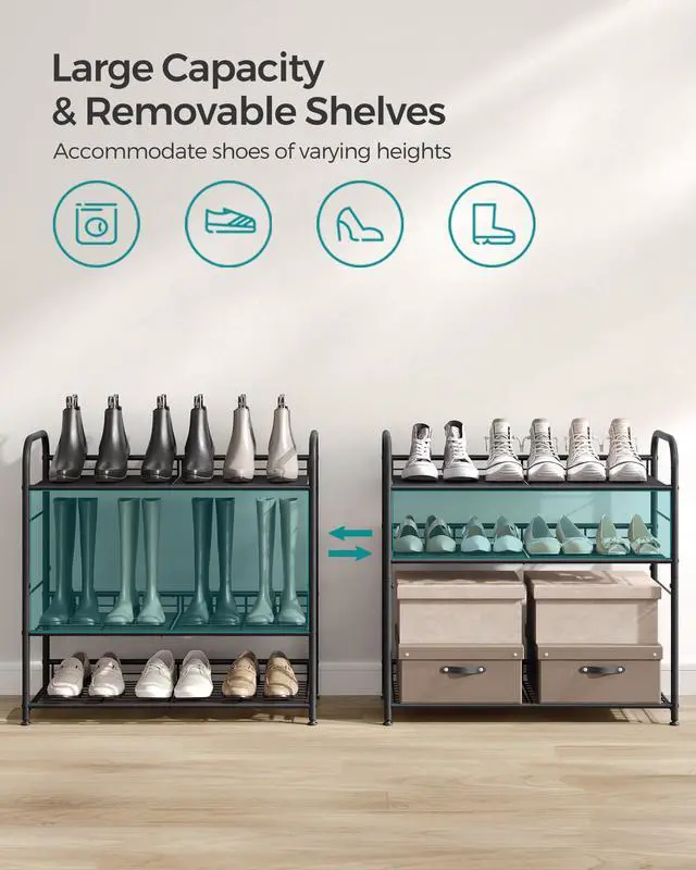 Alt view image 4 of 7 - Stackable Shoe Rack, 4 Tier Metal Shoes Rack Storage Shelf, Holds up to 16 Pairs Shoes, Adjustable Slanted Shelves Shoe Tower Organizer for Closet Entryway Small Spaces, Black