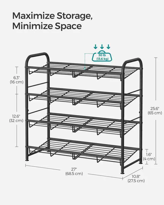 Alt view image 5 of 7 - Stackable Shoe Rack, 4 Tier Metal Shoes Rack Storage Shelf, Holds up to 16 Pairs Shoes, Adjustable Slanted Shelves Shoe Tower Organizer for Closet Entryway Small Spaces, Black