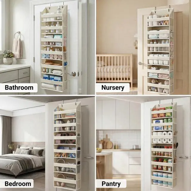 Alt view image 4 of 7 - UPGRADED 6 Tiers Over The Door Organizer Hanging - 100D EXTRA THICK & 50lbs HUGE CAPACITY, 12 Side Mesh Pockets Over The Door Shoe Organizer, Hanging Closet Organizer (Ivory, 2pc)