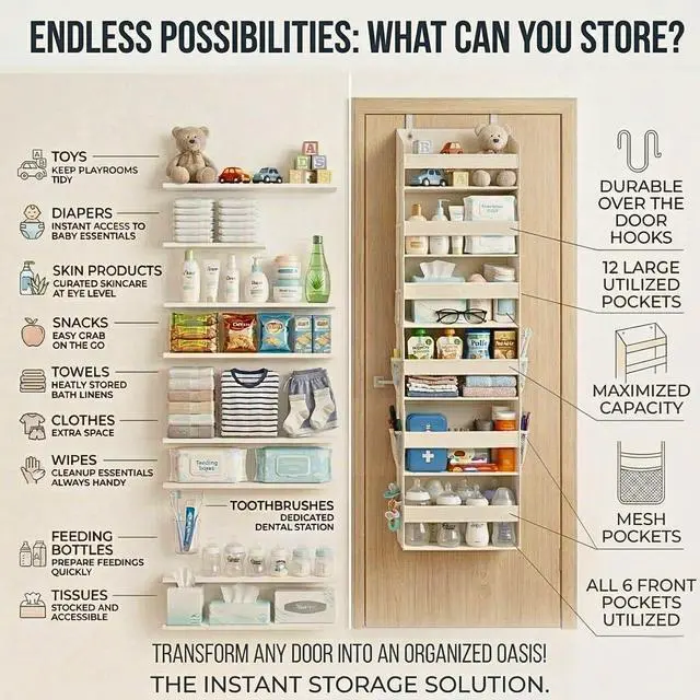 Alt view image 6 of 7 - UPGRADED 6 Tiers Over The Door Organizer Hanging - 100D EXTRA THICK & 50lbs HUGE CAPACITY, 12 Side Mesh Pockets Over The Door Shoe Organizer, Hanging Closet Organizer (Ivory, 2pc)