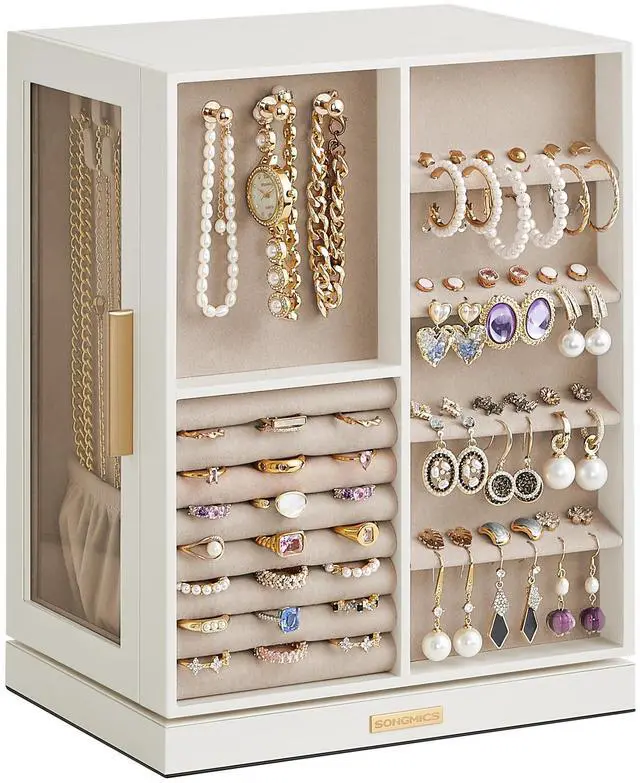 Main image of GISELLA Collection - Jewelry Box Organizer 360° Rotating, Vertical Jewelry Storage Case with 5 Drawers, Glass Window, Spacious, Open Design, Great Gift, Cloud White UJBC170W01