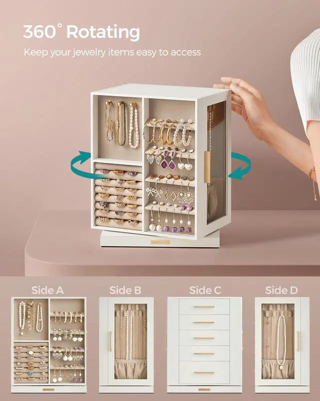 Alt view image 3 of 7 - GISELLA Collection - Jewelry Box Organizer 360° Rotating, Vertical Jewelry Storage Case with 5 Drawers, Glass Window, Spacious, Open Design, Great Gift, Cloud White UJBC170W01
