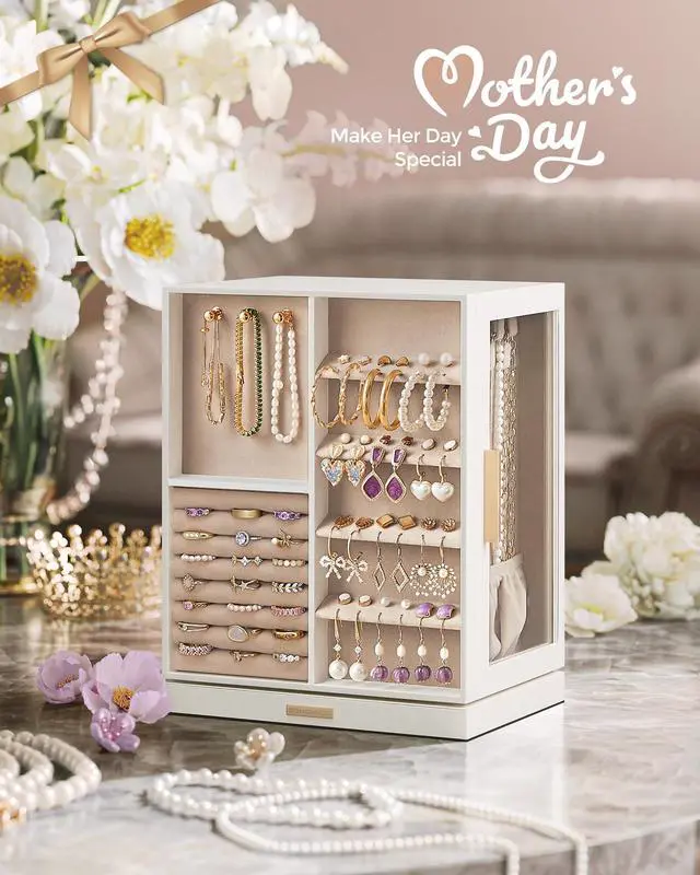 Alt view image 2 of 7 - GISELLA Collection - Jewelry Box Organizer 360° Rotating, Vertical Jewelry Storage Case with 5 Drawers, Glass Window, Spacious, Open Design, Great Gift, Cloud White UJBC170W01