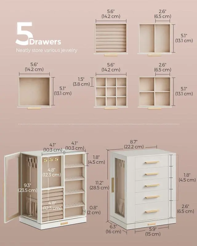Alt view image 4 of 7 - GISELLA Collection - Jewelry Box Organizer 360° Rotating, Vertical Jewelry Storage Case with 5 Drawers, Glass Window, Spacious, Open Design, Great Gift, Cloud White UJBC170W01
