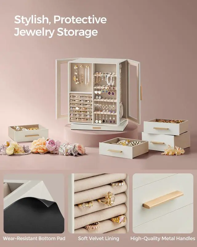 Alt view image 5 of 7 - GISELLA Collection - Jewelry Box Organizer 360° Rotating, Vertical Jewelry Storage Case with 5 Drawers, Glass Window, Spacious, Open Design, Great Gift, Cloud White UJBC170W01