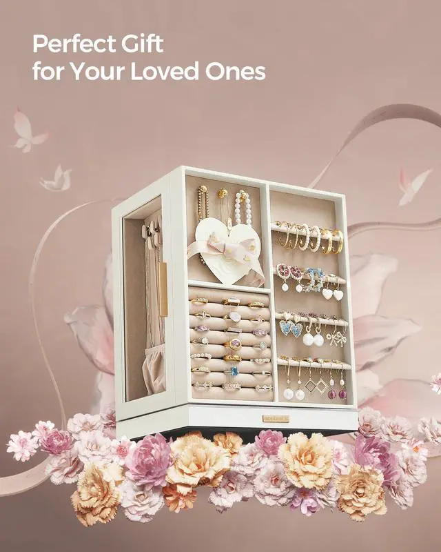 Alt view image 6 of 7 - GISELLA Collection - Jewelry Box Organizer 360° Rotating, Vertical Jewelry Storage Case with 5 Drawers, Glass Window, Spacious, Open Design, Great Gift, Cloud White UJBC170W01