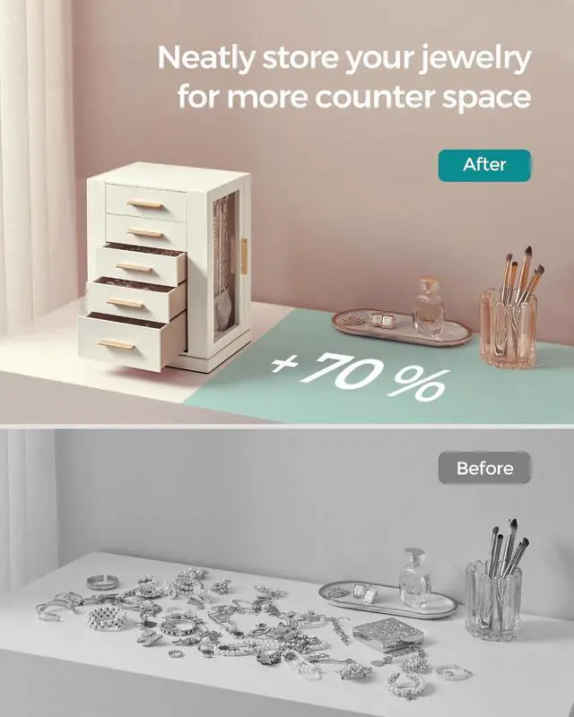Alt view image 7 of 7 - GISELLA Collection - Jewelry Box Organizer 360° Rotating, Vertical Jewelry Storage Case with 5 Drawers, Glass Window, Spacious, Open Design, Great Gift, Cloud White UJBC170W01