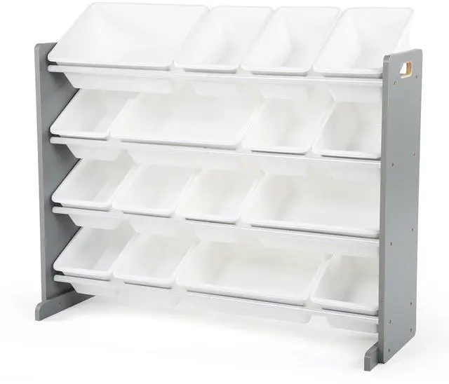 Main image of Toy Storage Organizer with 16 Removable Storage Bins for Kids Playroom, 4-Tier Toddler Toy Organization and Storage, Grey/White