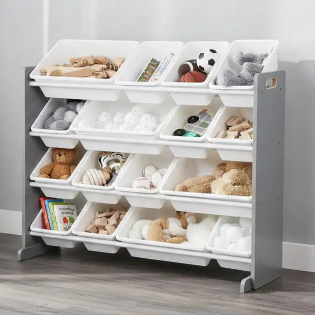 Alt view image 2 of 7 - Toy Storage Organizer with 16 Removable Storage Bins for Kids Playroom, 4-Tier Toddler Toy Organization and Storage, Grey/White