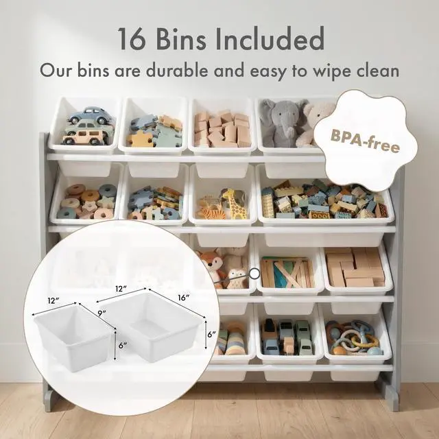 Alt view image 4 of 7 - Toy Storage Organizer with 16 Removable Storage Bins for Kids Playroom, 4-Tier Toddler Toy Organization and Storage, Grey/White