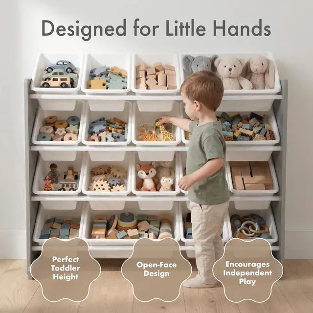 Alt view image 3 of 7 - Toy Storage Organizer with 16 Removable Storage Bins for Kids Playroom, 4-Tier Toddler Toy Organization and Storage, Grey/White
