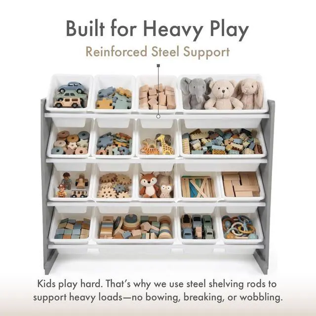 Alt view image 5 of 7 - Toy Storage Organizer with 16 Removable Storage Bins for Kids Playroom, 4-Tier Toddler Toy Organization and Storage, Grey/White