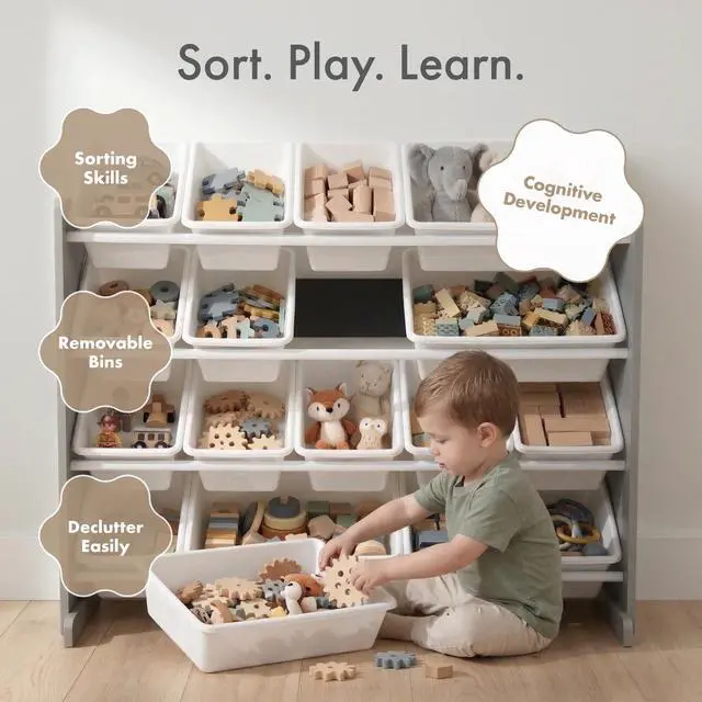 Alt view image 6 of 7 - Toy Storage Organizer with 16 Removable Storage Bins for Kids Playroom, 4-Tier Toddler Toy Organization and Storage, Grey/White
