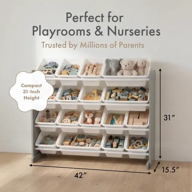 Alt view image 7 of 7 - Toy Storage Organizer with 16 Removable Storage Bins for Kids Playroom, 4-Tier Toddler Toy Organization and Storage, Grey/White